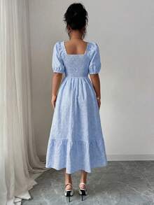 Elenzga Đầm nữ màu trơn họa tiết hoa cúc, chất liệu jacquard, thắt eo, kiểu dáng thanh lịch, tay phồng, thích hợp mặc hàng ngày và đi nghỉ mát. - Màu xanh nhạt - Xem 2