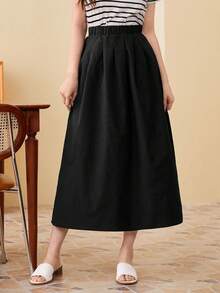 Solavon Elastic Waist Solid Flare Skirt - Black - View 6