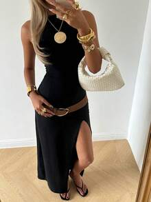 SHEIN EZwear Vestido negro de punto sin mangas con abertura - Negro - Ver 4