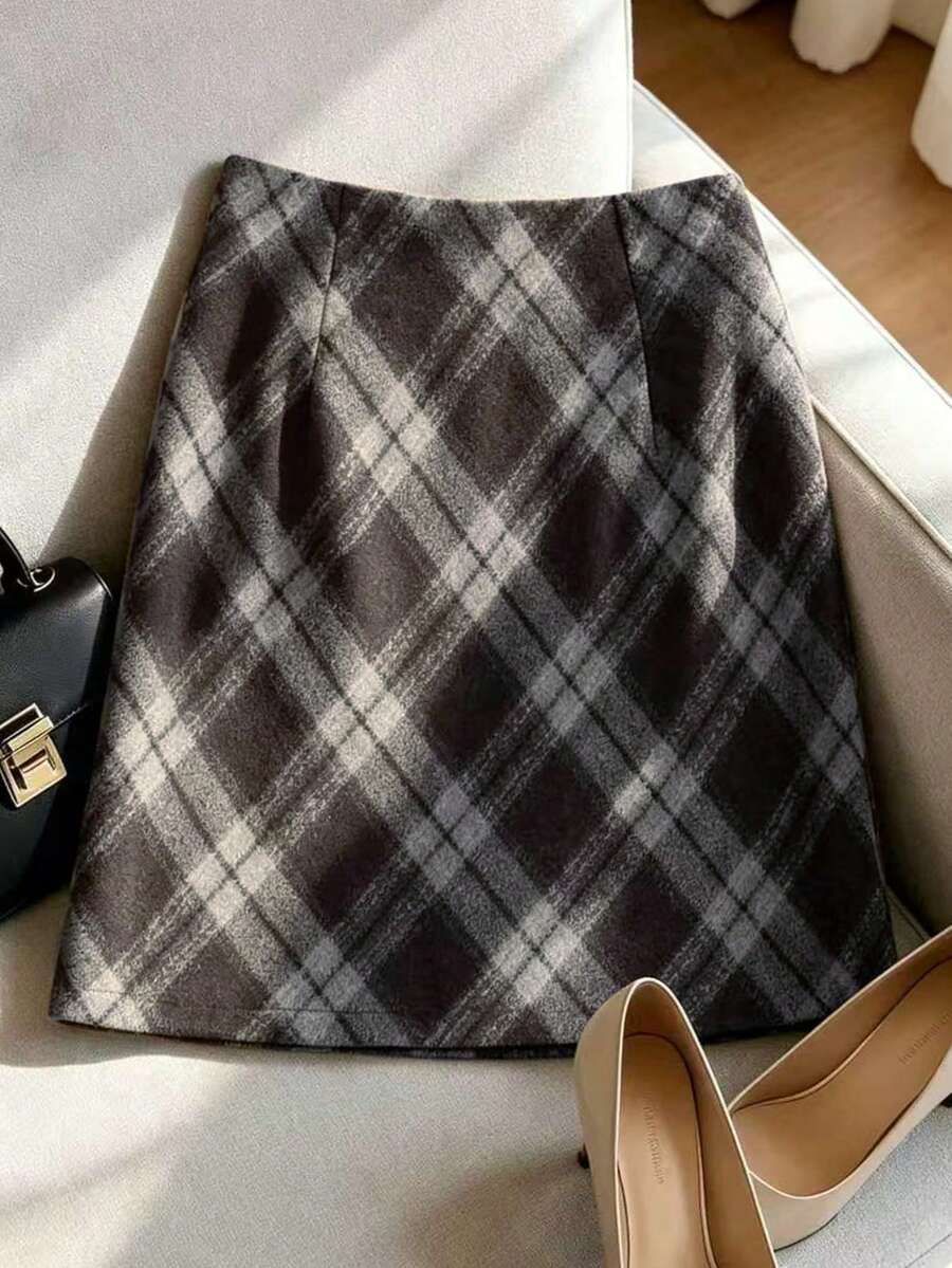Franclia Saia A-Line de Lã Xadrez Feminina, Cintura Alta Emagrecedora Retrô Grossa Xadrez, Nova Moda de Outono/Inverno - Castanho - Visão 1