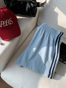 Comfortcana 2026 New Summer Blue Contrast Stripe Side Elastic Waist Casual Shorts - Blue - View 3