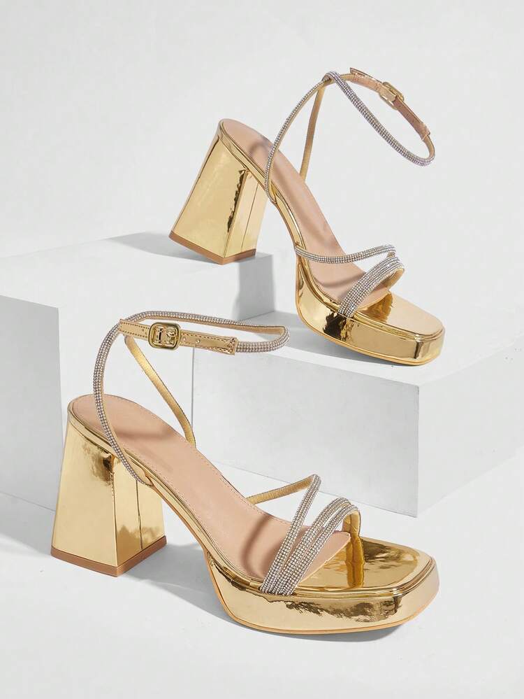 CUCCOO SZL Women's Square Toe Rhinestone Ankle Strap Sandals For Christmas Prom Heels