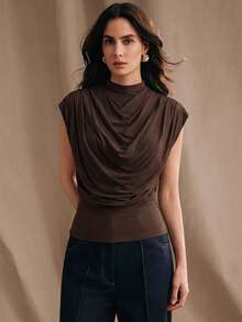 Anewsta Minimalist Design Pleated Drape High Waist Fitted Women Tank Top - Brown - View 4