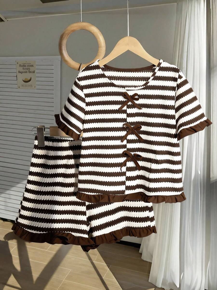 SHEIN 2pcs/Set Tween Girls T-Shirt Set,Brown And White Striped Knit Cute Bow Decor Ruffle Hem Top&Loose Shorts,Summer School Outing Clothes For Party,Daily - Coffee Brown - View 1