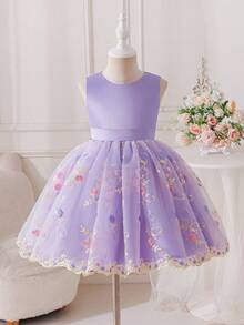 Glamorique Kids Đầm voan xếp ly thêu hoa cho bé gái, đầm dự tiệc cưới màu tím cho bé gái, đầm dạ hội không tay cho trẻ em nhân dịp sinh nhật. - Màu tím - Xem 2