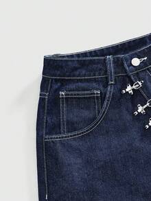 ROMWE MEN Street Life Men's Denim Oblique Placket Snap Button Shorts - Navy Blue - View 4