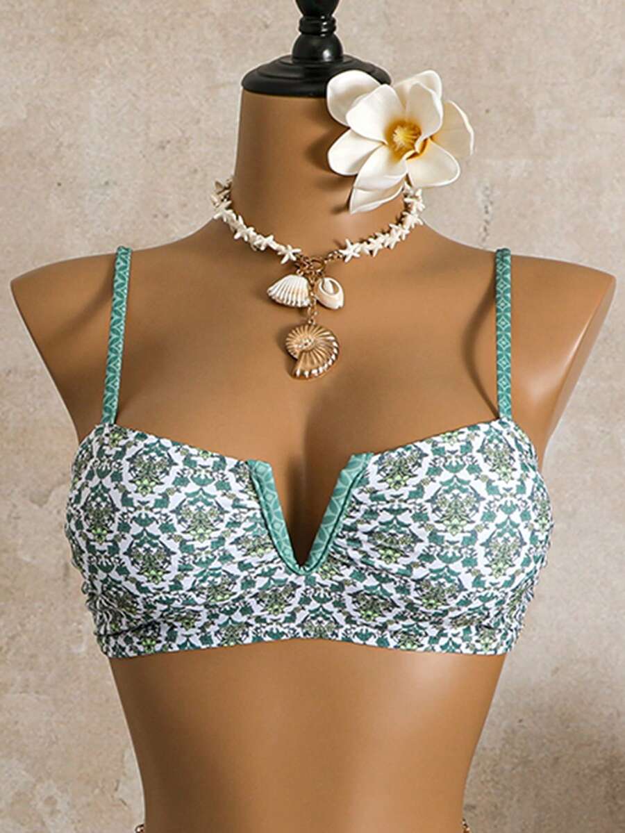 Bellisia Áo bikini hai mảnh cổ chữ V in hoa dành cho nữ - màu xanh lá - Xem 1