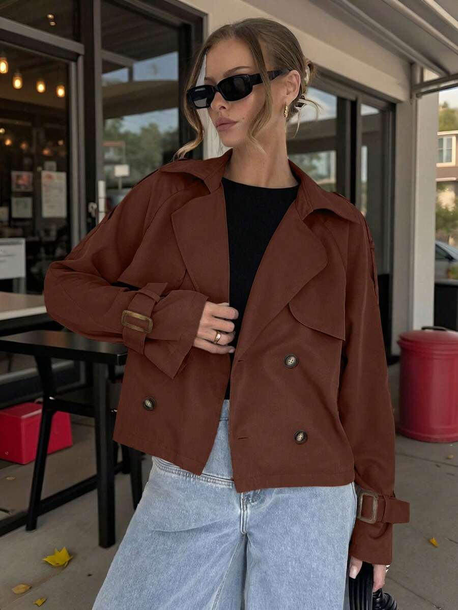 Siren Gaze 秋冬季女士系带纽扣风衣 - 咖啡棕 - 查看 1