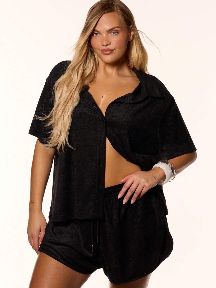 MUSERA Plus Size Towelling Button Down Short Sleeve Shirt Spring Summer Vacation Holiday Beach Gym Pool Sexy Y2k Cute Limonada Brown - Black - View 1