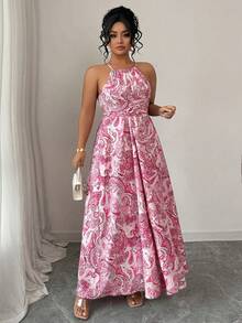 Elenzga Vestido de mujer de talla grande sin mangas con tirantes de espagueti, cintura ceñida y dobladillo acampanado con estampado floral - Multicolor - Ver 5