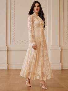 ZEYLAH Elegant Romantic Bow Tie A-Line Loose Long Dress, Spring/Summer - Apricot - View 2