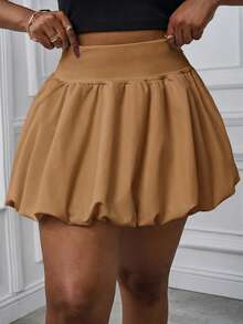 SHEIN PETITE CURVE 大码纯色百褶泡泡裙，休闲度假风 - 卡其色 - 查看 5
