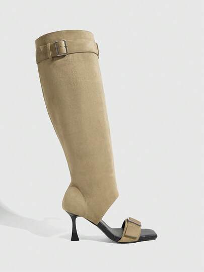 Daringsoles Women Shoes Spring And Autumn Explosion Open-Toe Buckle Square Toe Thin High Heel Pull Wind Khaki Brown Beautiful Boots Outside Wear