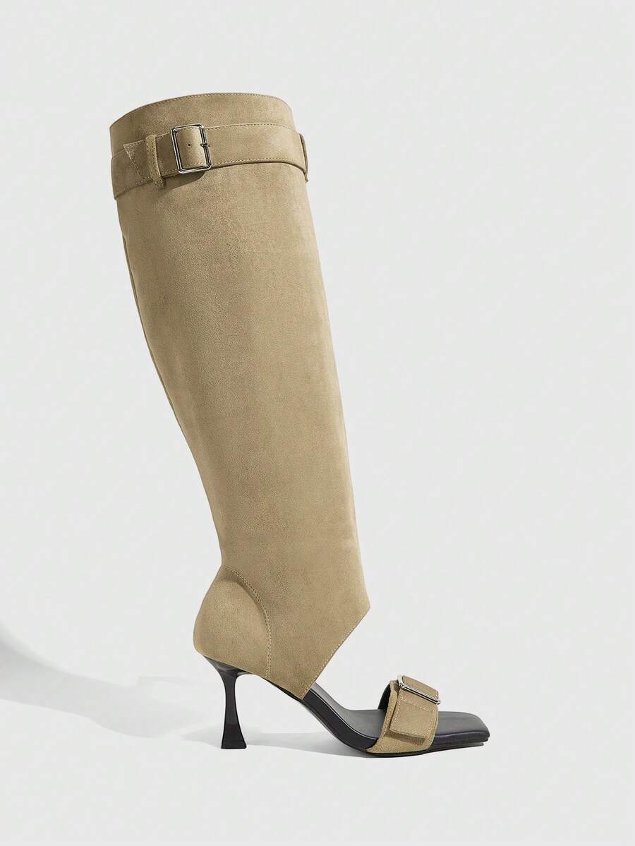 Daringsoles Botas hermosas de tacón alto delgado, de punta cuadrada, con hebilla y diseño de apertura en los dedos, para uso exterior en primavera y otoño, en color caqui y marrón - Caqui - Ver 1