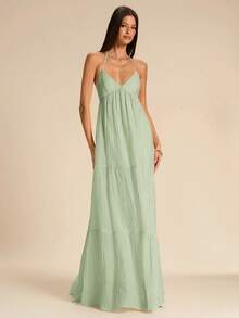 SHEIN BAE Sage Green Spaghetti Strap Backless Tie Bow Dress, Bohemian Tropical Boho Beach Vacation Holiday Long Textured Pleated Summer Dresses For Women - Mint Green - View 7