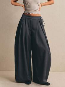 Poéselle Women's High-Waisted Pleated Wide-Leg Trousers With Adjustable Tie Belt,Grey Winter Oversized Office Tailored Palazzo Pants,Baggy Loose Fit Slacks - Grey - View 5