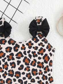 SHEIN Baby Girl Leopard Print Colorblock Bow Decor One-Piece Swimsuit, Beach/Resort Style - Multicolor - View 3