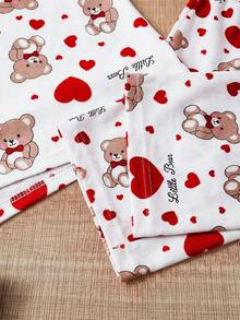 SHEIN Cotton Line 女士可爱卡通熊爱心印花红色休闲短袖圆领上衣+长裤+短裤三件套睡衣套装 - 紅色 - 查看 3