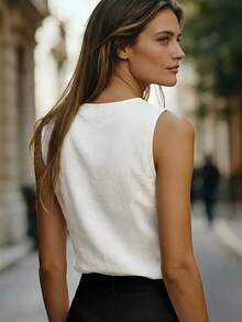Balvessa White Bamboo Knot Linen 3D Floral V-Neck Sleeveless Blouse For Women - White - View 2