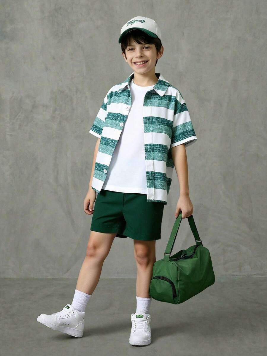 SHEIN Casuvi Kids Chàng trai trẻ Khối màu Sọc Áo Và Màu thuần Bộ quần short - Nhiều màu - Xem 1