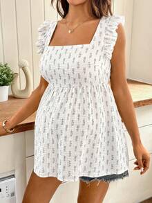 SHEIN 夏季孕妇休闲碎花无袖荷叶边衬衫 - 白色 - 查看 6
