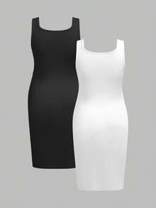 Modmama Maternity Solid Color Minimalist Sleeveless Dress, Casual Everyday Wear - Black and White - View 2