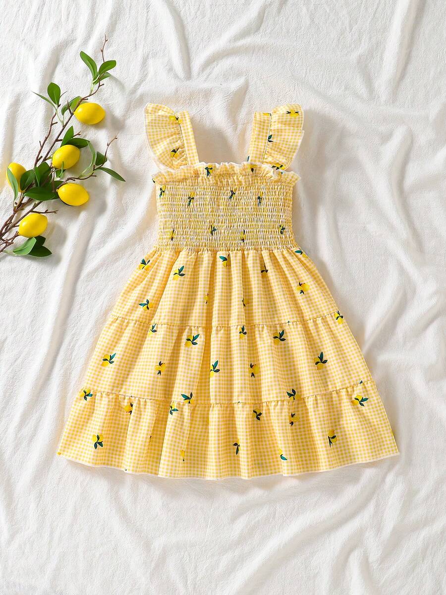 SHEIN Genkimix Kids Young Girls' Lemon Plaid Print Ruffle Strap Flare Sleeve Tiered Cake Dress,White,Summer,Fairy,Matching,Family Vacation,Holiday Beach Casual Outfit - Multicolor - View 1