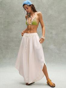Bohemela Quần nữ dệt kim màu trơn dáng rộng, vạt bất đối xứng - trắng - Xem 9