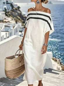 Balvessa 休闲度假露肩条纹宽松连衣裙 - 白色 - 查看 1
