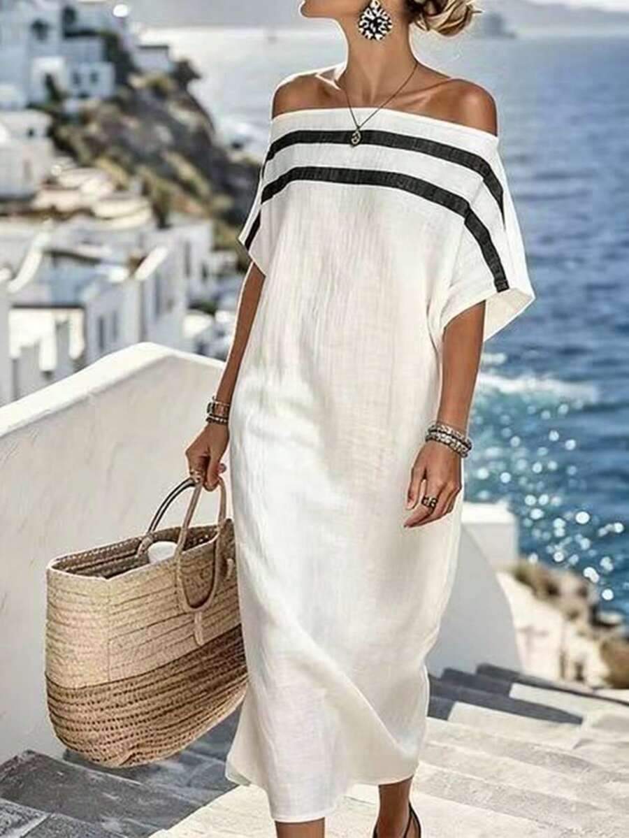 Balvessa 休闲度假露肩条纹宽松连衣裙 - 白色 - 查看 1