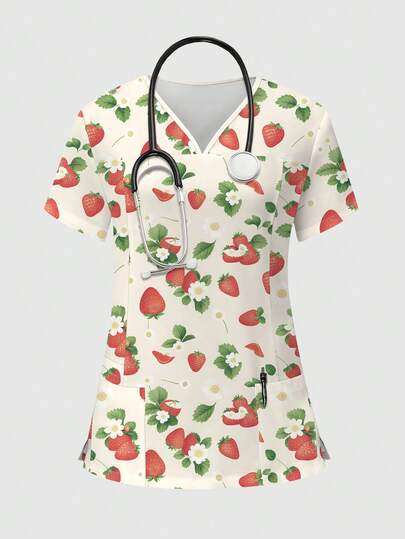 TaskEZ Áo đồng phục y tá in hình dâu tây, cổ chữ V, tay ngắn, đồng phục y tá thời trang dành cho nữ, mùa xuân/hè.