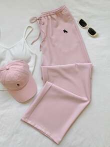 Comfortcana Women's Spring/Summer Functional Fabric UV Protection Pink Embroidered Long Pants, Suitable For Beach Vacation/Casual Home/Daily Commute/Comfortable Outfit/Collegiate Style - Pink - View 6