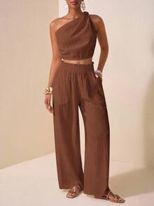 Veslaya Western Style, Nomadic Style, Birthday Party, Graduation Season, Student Wear, Daily Casual, Vacation, Cruise Travel, Business Casual Twist Knot Cropped Women's Top And Loose Textured Pocket Wide Leg Pants Plus Size Women's Set Valentine's Day Outfit - Brown - View 7