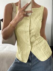 SHEIN PETITE CURVE Chaleco casual de mujer de talla grande con textura geométrica y abotonadura sencilla - Amarillo claro - Ver 8