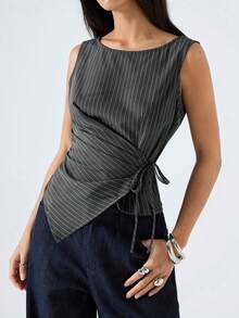 LYSMO Áo tank top không tay cổ tròn kiểu tối giản mới năm 2026, áo sơ mi màu xám, áo sơ mi buộc dây phía trước màu xám, áo sơ mi bất đối xứng, áo sơ mi kẻ sọc nhỏ, áo kiểu thời trang nữ/áo kiểu nữ thường ngày - Xám - Xem 5