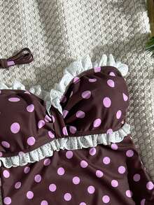 Swim Mod Traje de baño de una pieza con estampado de lunares y encaje para mujer, lindo y dulce para vacaciones en la playa, verano - Multicolor - Ver 6