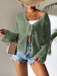 SHEIN Tall Áo khoác cardigan dệt kim cổ cao ôm sát, thắt nơ phía trước, khoét lỗ, dành cho nữ, mẫu mới mùa xuân/hè, thanh lịch và đa năng, thích hợp cho kỳ nghỉ biển. - màu xanh lá - Xem 6