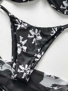Swim Vcay 3件套春夏假日随机印花咖啡色不对称仿珍珠装饰抹胸比基尼上衣、下装和褶皱前裙性感女士泳装套装 - 彩色 - 查看 3
