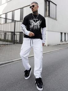 Artur Kramer YUNCHIC - Men's Long Sleeve Crew Neck Style, Breathable And Versatile, Loose Casual Undershirt, Korean Minimalist, Creative Classic Pattern, Loose Fit Crew Neck T-Shirt, Casual Top For Autumn - Black - View 1