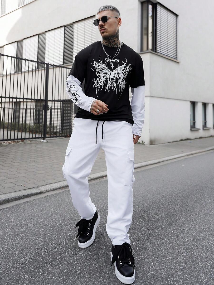 Artur Kramer YUNCHIC - Men's Long Sleeve Crew Neck Style, Breathable And Versatile, Loose Casual Undershirt, Korean Minimalist, Creative Classic Pattern, Loose Fit Crew Neck T-Shirt, Casual Top For Autumn - Black - View 1