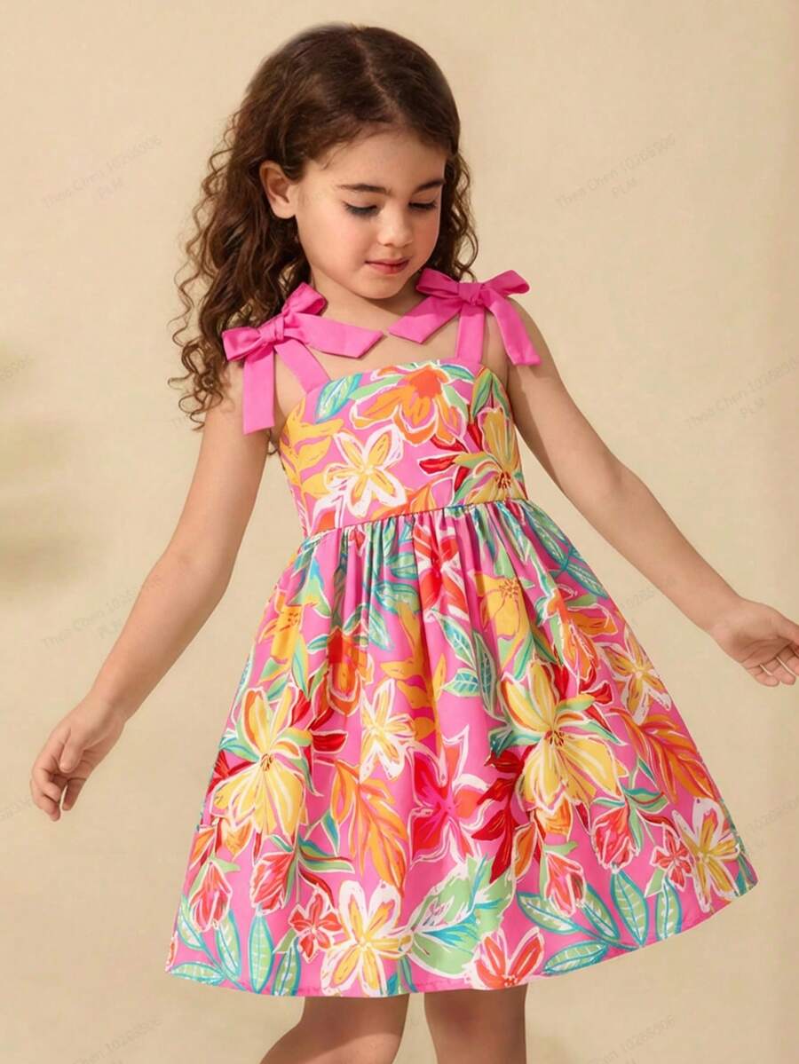 SHEIN Đầm thời trang mùa hè không tay buộc vai in họa tiết phối màu dành cho bé gái. - Hồng - Xem 1