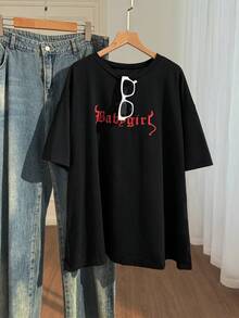 SHEIN EZwear Plus Letter Graphic Drop Shoulder Tee - Black - View 4