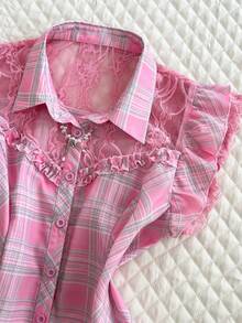 Elamini Women's Sweet Cute Casual Daily Versatile Fashion Commuting Plaid Contrast Lace Ruffle Cap Sleeve Fitted Shirt, Spring/Summer - Pink - View 4