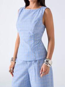 LYSMO 2026 New Arrive Minimalism Spring/Summer Women's Plaid Round Neck Sleeveless Top And Pants Casual 2 Pieces Set - Navy Blue - View 4