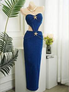 Breezaya Women's Strapless Denim Dress With Metallic Starfish Cutout Decor, Pleated Fashion Sexy Dress For Date Swimming Outing Pastal Autumn - Blue - View 8