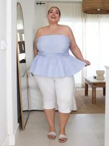 Pretty and Ole Plus Size Women Summer Striped Strapless Top - Blue and White - View 5