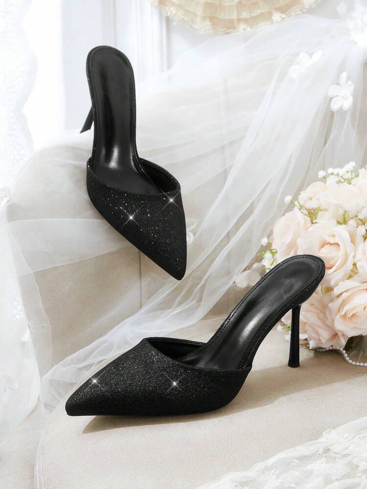 CUCCOO HITCHD Black Glitter Pointed Toe Stiletto High Heel Sandals, Sexy Night Style / Luxury Banquet Style, Suitable For Mature Women Or Formal Occasion Wear, Matching Formal Dinner, Annual Party, Date Night And Other Elegant Social Scenes, Also Can Be Paired With Commuter Outfits To Create A Chic Office Lady Look.