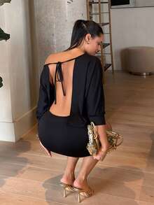 leahseptember Women's Solid Color Backless Sexy Asymmetric Shoulder Long Dress Party - Black - View 4