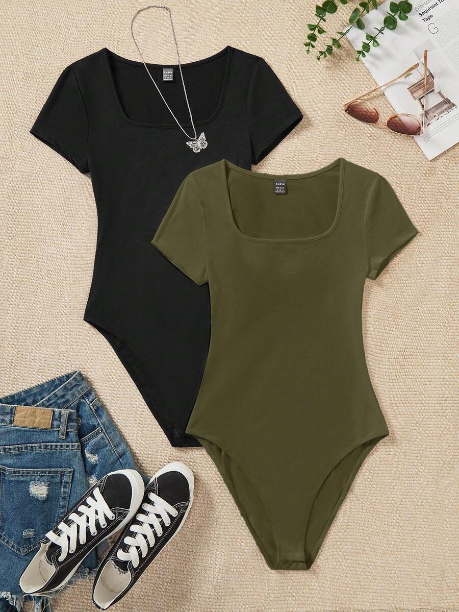 SHEIN EZwear 两件套休闲简约黑色和军绿色女式圆领短袖连体衣,适合春夏穿着 - 彩色 - 查看 1