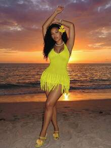 BamGleam Đầm len nữ mùa hè, kiểu dáng ngắn, cổ yếm, có tua rua, gợi cảm, tối giản, thanh lịch. - màu xanh lá - Xem 3